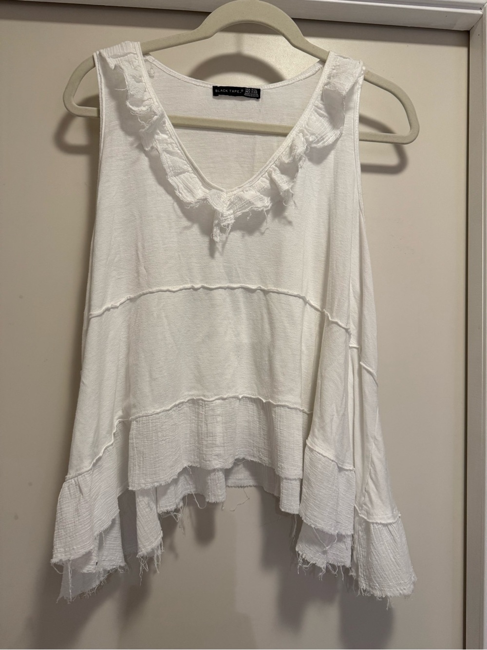 Black Tape_ White Ruffled Tiered V-Neck Tank